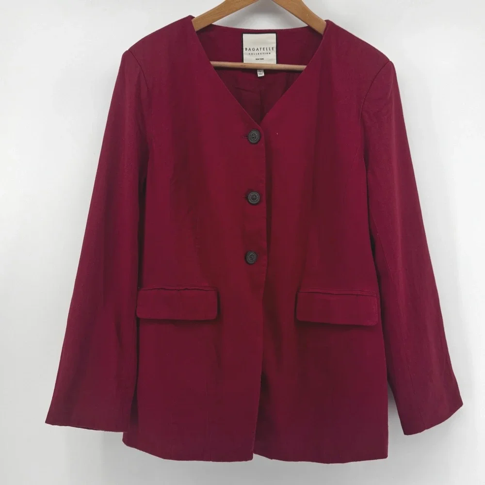 Bagatelle Collection Dark Red Linen Blend Collarless Blazer Jacket Womens L - Picture 2 of 11